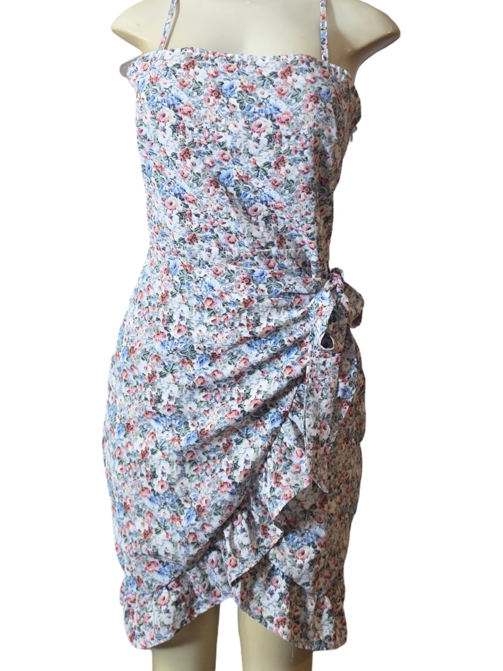 Floral Wrap Dress Blue Pink Cottagecore Mini Dress Spaghetti Strap Feminine